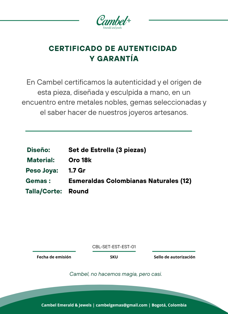 Set de Aretes y Dije de Estrella en Oro 18k con Esmeraldas Colombianas
